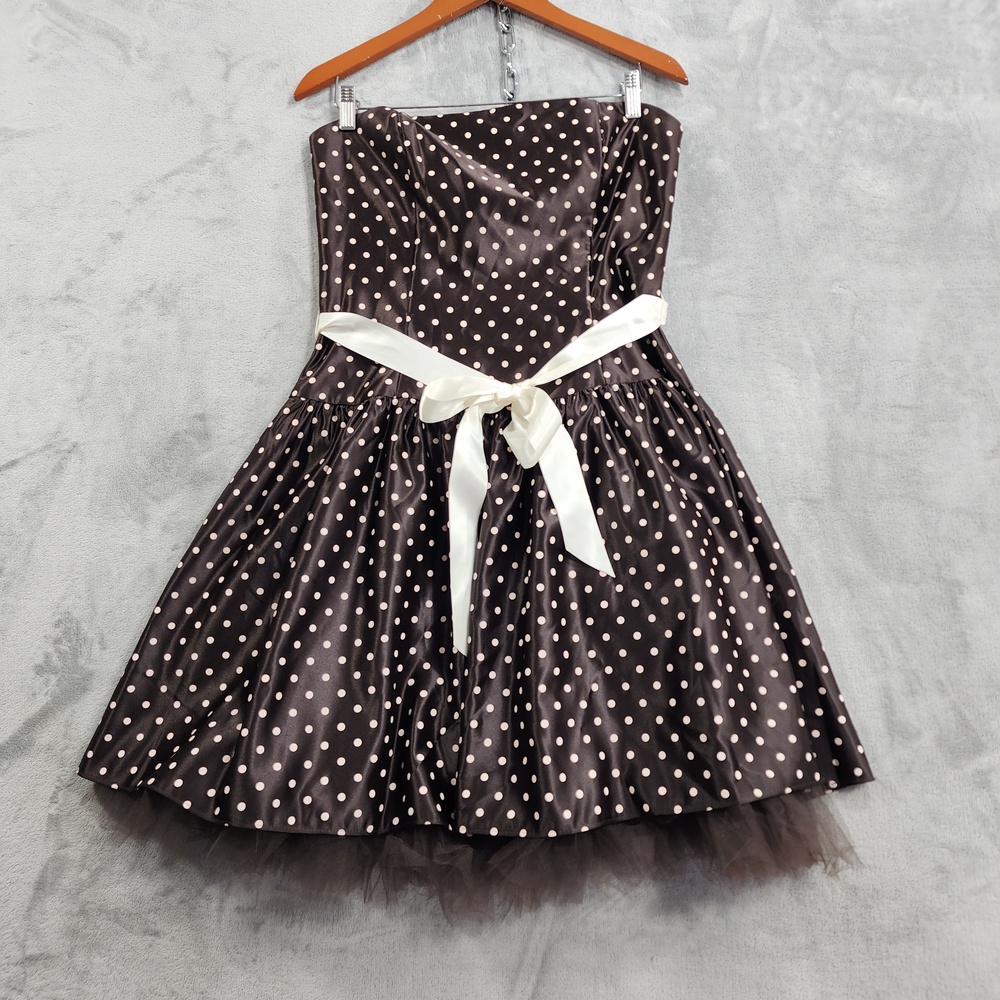 VTG Jessica McClintock Gunne Sax Dress 11/12 Brown Polka Dot Strapless Tie Party
